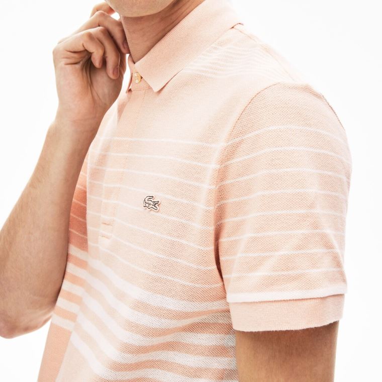 Lacoste Striped Linen And Pamut Regular Fit Polo Shirt Világos Rózsaszín Fehér | Yvy9Z9FU