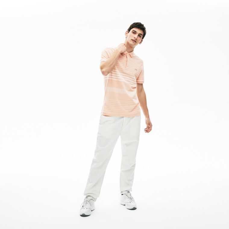 Lacoste Striped Linen And Pamut Regular Fit Polo Shirt Világos Rózsaszín Fehér | Yvy9Z9FU