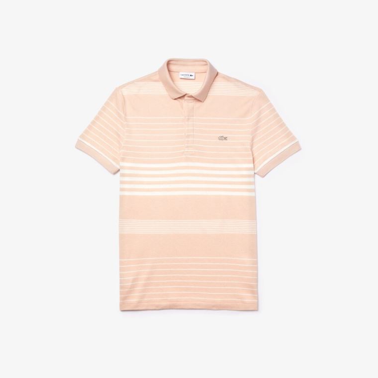 Lacoste Striped Linen And Pamut Regular Fit Polo Shirt Világos Rózsaszín Fehér | lhEsWw8T