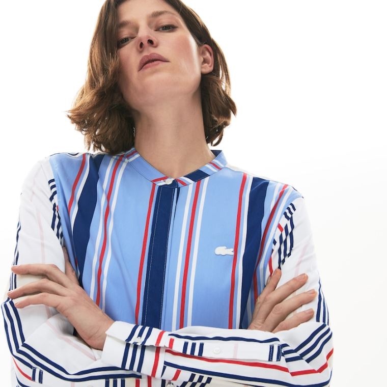 Lacoste Striped Long Flowing Shirt Lila Fehér Sötétkék Kék Piros | Sxg7WGwd