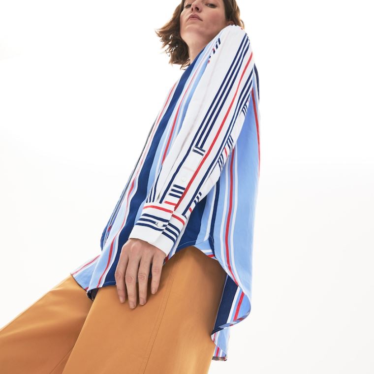 Lacoste Striped Long Flowing Shirt Lila Fehér Sötétkék Kék Piros | Sxg7WGwd