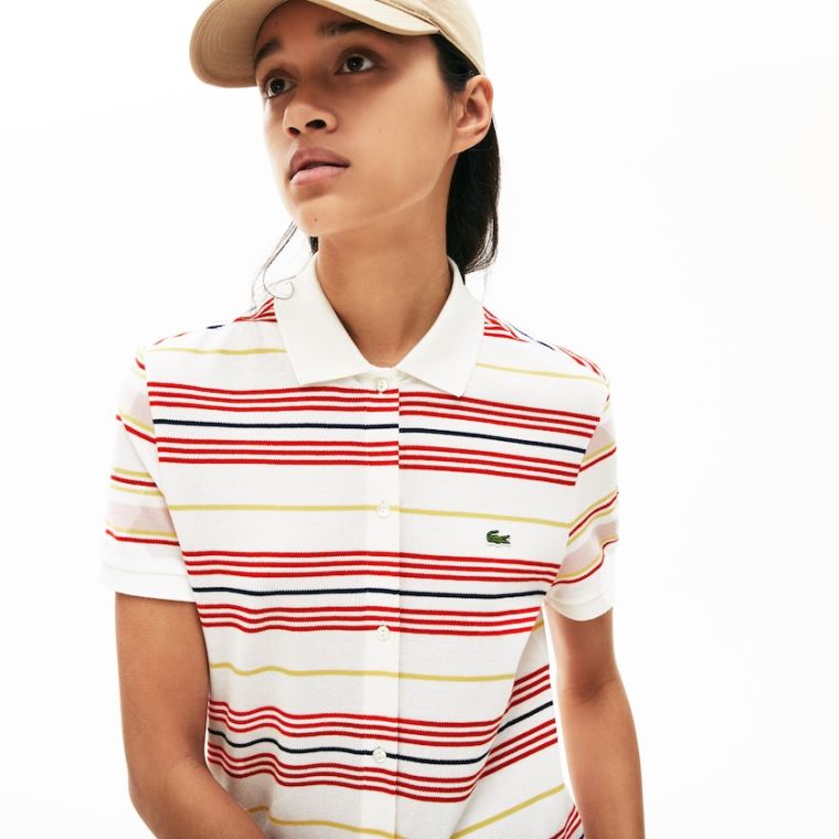 Lacoste Striped Pamut Buttoned Polo Ruha Fehér Piros Sárga Sötétkék Kék Világos Rózsaszín | YUXmwkaI