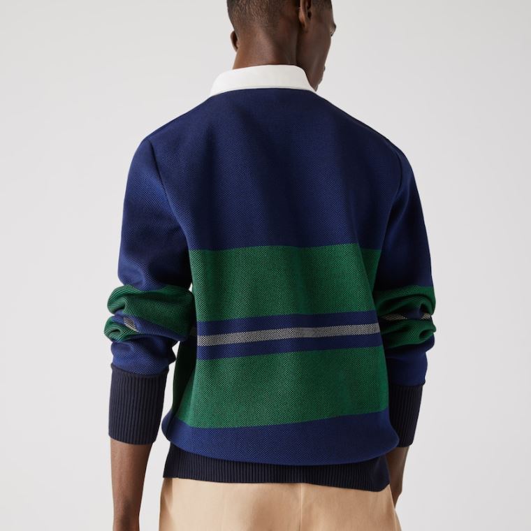 Lacoste Striped Rugby Pulóver Sötétkék Kék Kék Zöld Bézs Fehér | h7vc0d0e