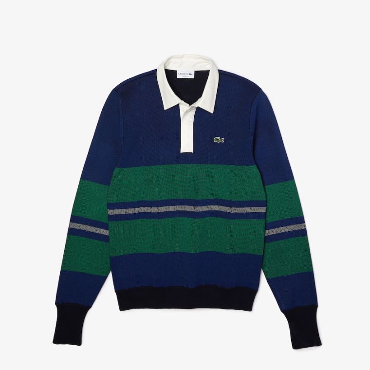 Lacoste Striped Rugby Pulóver Sötétkék Kék Kék Zöld Bézs Fehér | h7vc0d0e