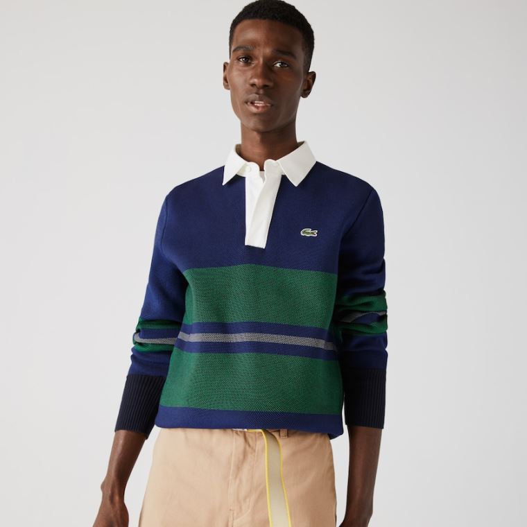 Lacoste Striped Rugby Pulóver Sötétkék Kék Kék Zöld Bézs Fehér | h7vc0d0e