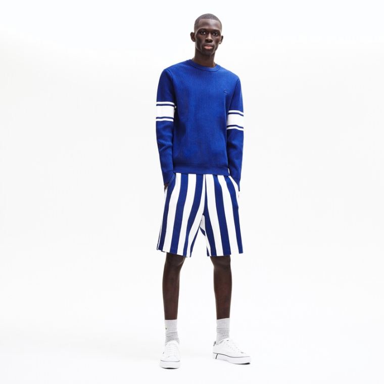 Lacoste Striped Sleeves Pamut And Linen Blend Crew Neck Pulóver Sötétkék Kék Fehér | ZhSvz4rw