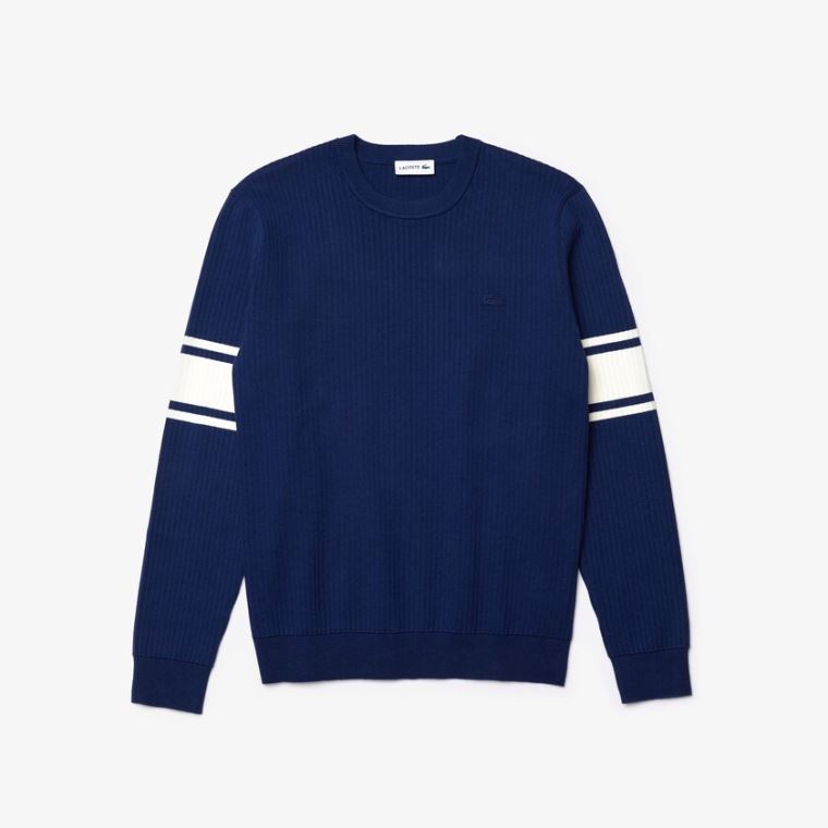 Lacoste Striped Sleeves Pamut And Linen Blend Crew Neck Pulóver Sötétkék Kék Fehér | ZhSvz4rw