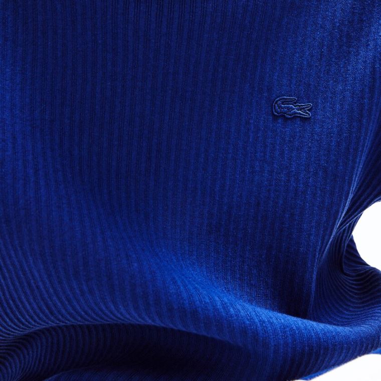 Lacoste Striped Sleeves Pamut And Linen Blend Crew Neck Pulóver Sötétkék Kék Fehér | ZhSvz4rw