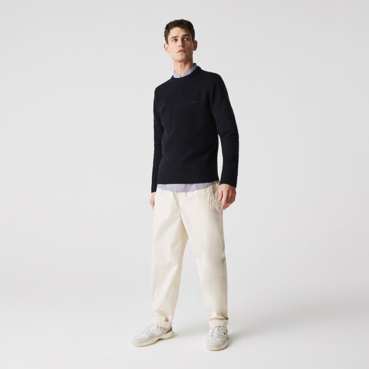 Lacoste Textured Striped Wool-Blend Pulóver Sötétkék Kék | oYUCCw0z