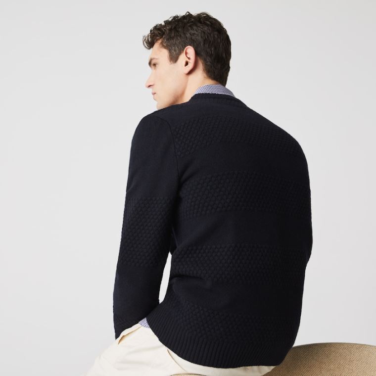 Lacoste Textured Striped Wool-Blend Pulóver Sötétkék Kék | oYUCCw0z