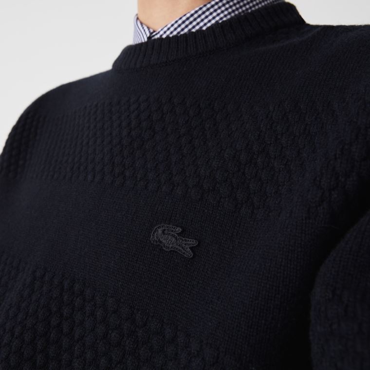 Lacoste Textured Striped Wool-Blend Pulóver Sötétkék Kék | oYUCCw0z