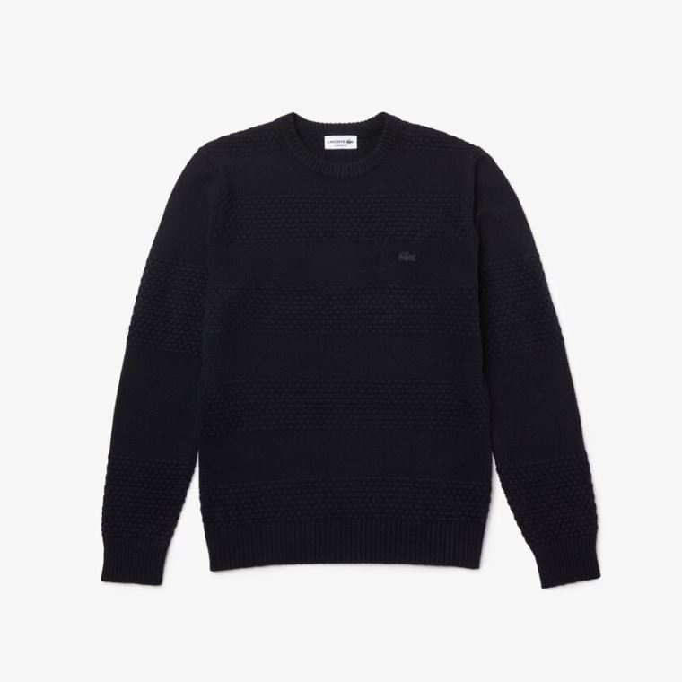 Lacoste Textured Striped Wool-Blend Pulóver Sötétkék Kék | oYUCCw0z