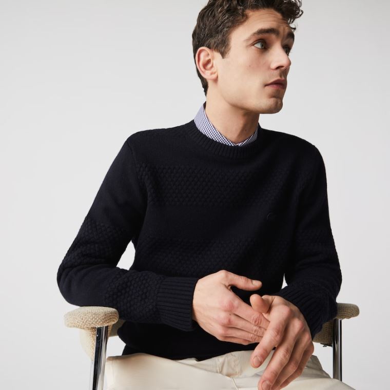 Lacoste Textured Striped Wool-Blend Pulóver Sötétkék Kék | oYUCCw0z