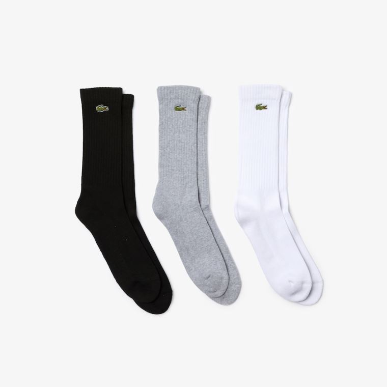 Lacoste Three-Pack Of SPORT High-Cut Pamut Socks Szürke Fehér Fekete | pfUALnoG