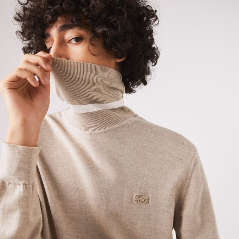 Lacoste Turtleneck Merino Wool Pulóver Bézs | kZqnB0X1