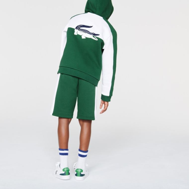 Lacoste Two-Tone Croc-Print Csuklyás Zip Sweatshirt Fehér Zöld | kxzORjoe