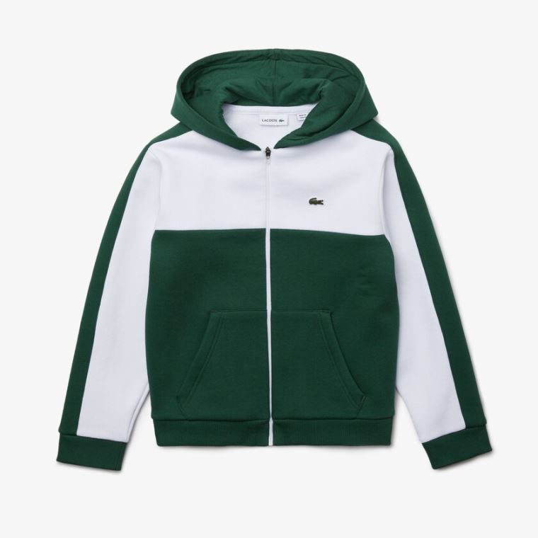 Lacoste Two-Tone Croc-Print Csuklyás Zip Sweatshirt Fehér Zöld | kxzORjoe