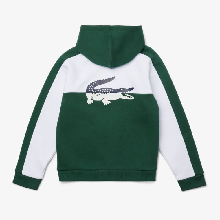 Lacoste Two-Tone Croc-Print Csuklyás Zip Sweatshirt Fehér Zöld | kxzORjoe