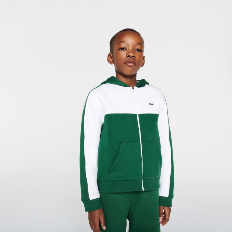 Lacoste Two-Tone Croc-Print Csuklyás Zip Sweatshirt Fehér Zöld | kxzORjoe