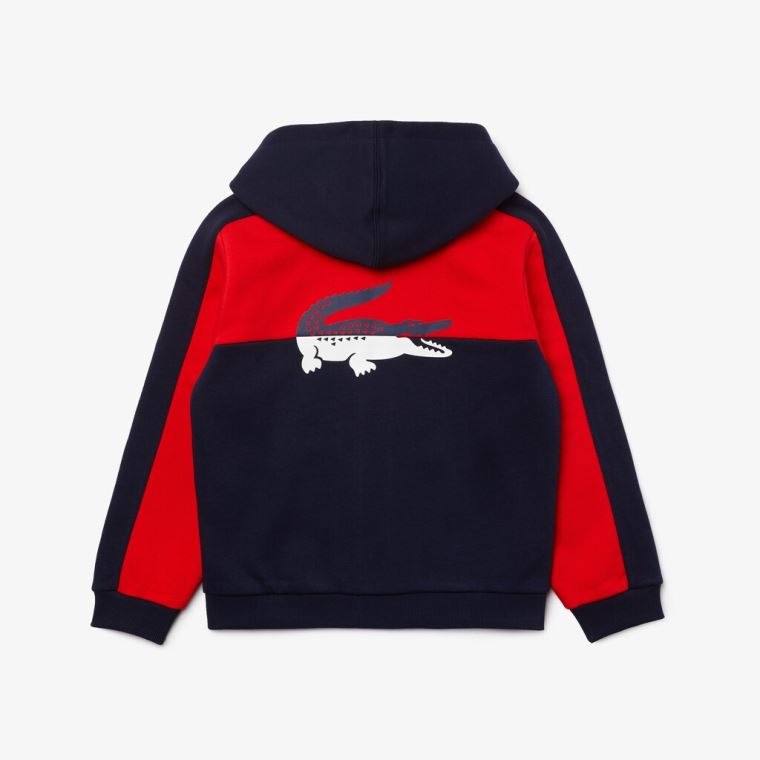 Lacoste Two-Tone Croc-Print Csuklyás Zip Sweatshirt Sötétkék Kék Piros | s9RD8AJL