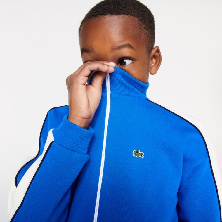 Lacoste Two-Tone Pamut Fleece Zip Sweatshirt Kék Fehér Sötétkék Kék | FQa5SG3n