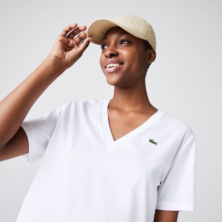 Lacoste V-Neck Premium Pamut T-shirt Fehér | di5oTRKc