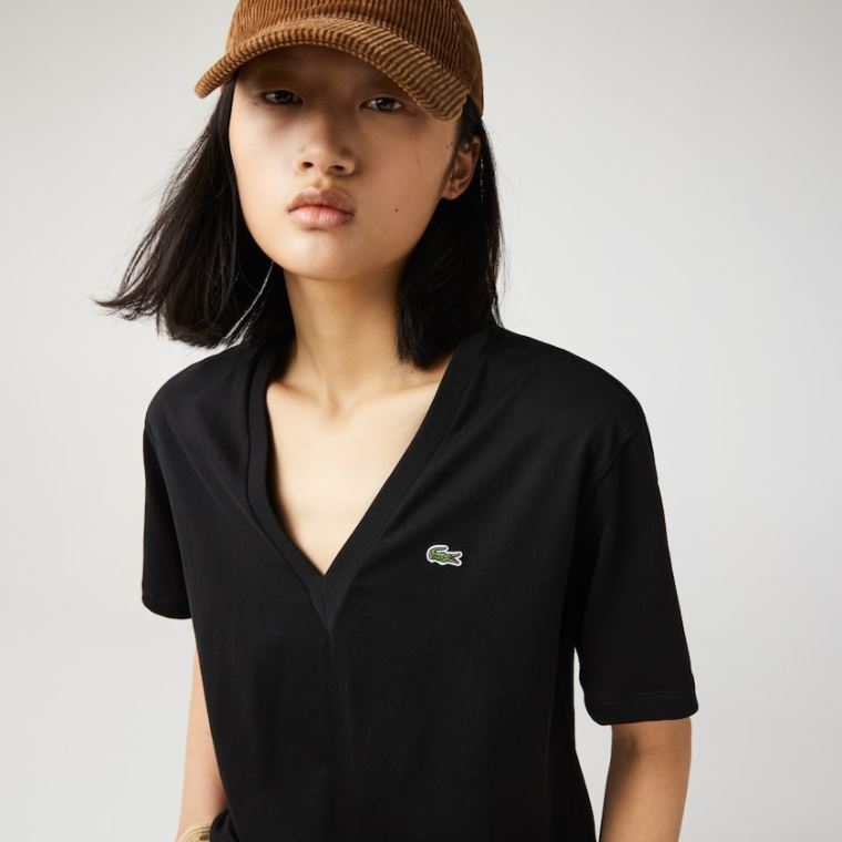 Lacoste V-Neck Premium Pamut T-shirt Fekete | fTmZve67