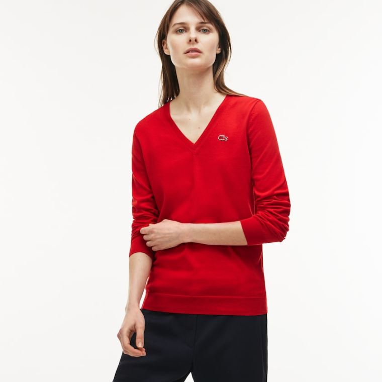 Lacoste V-neck Jersey Pulóver Piros | 8fugam9Z