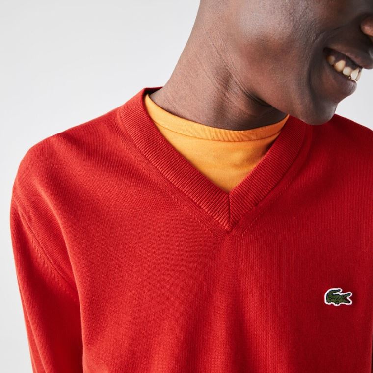 Lacoste V-neck Organic Pamut Pulóver Piros | IvAU2xrp