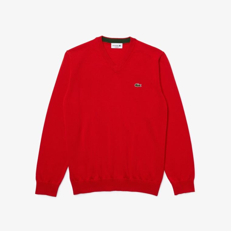 Lacoste V-neck Organic Pamut Pulóver Piros | IvAU2xrp