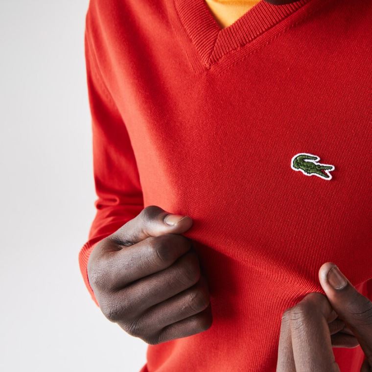 Lacoste V-neck Organic Pamut Pulóver Piros | IvAU2xrp