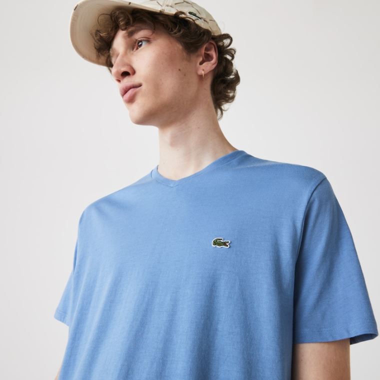 Lacoste V-neck Pima Pamut Jersey T-shirt Kék | T2Vc7Oci