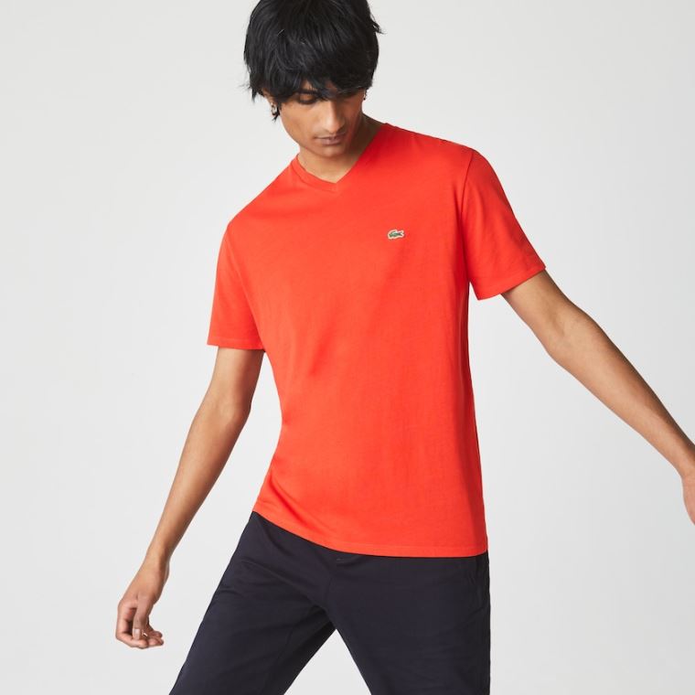 Lacoste V-neck Pima Pamut Jersey T-shirt Piros | VrKKGZvD