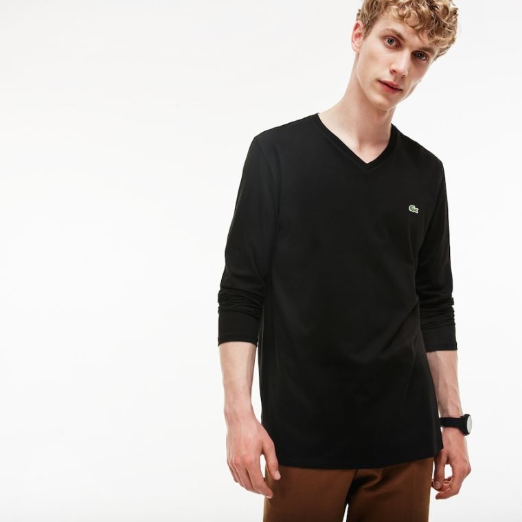 Lacoste V-neck Soft Pamut T-shirt Fekete | fycclVxr