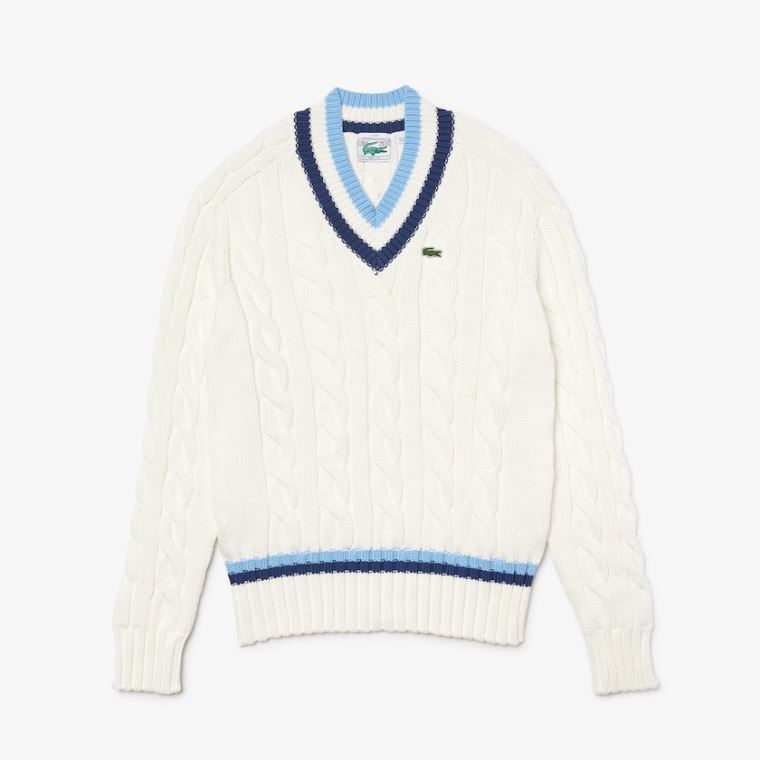 Lacoste V-neck Striped-Trim Cable-Knit Pulóver Fehér Kék | CxrGoRpN