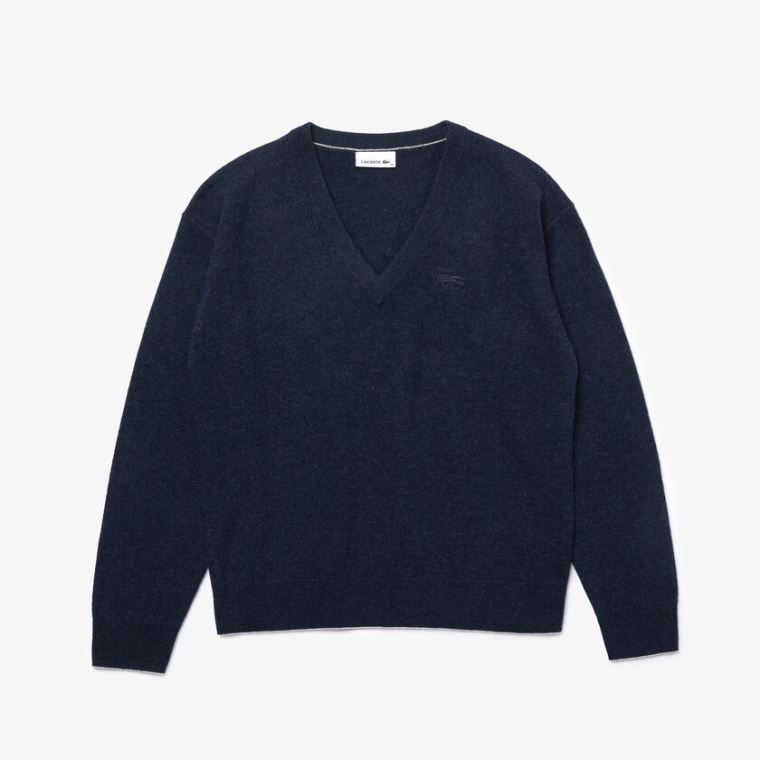 Lacoste V-neck Wool Pulóver Kék | WfWBVOYt