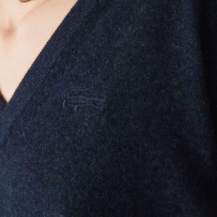 Lacoste V-neck Wool Pulóver Kék | WfWBVOYt