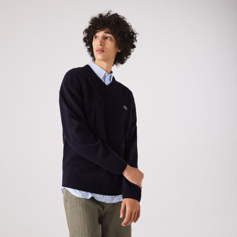 Lacoste V-neck Wool Pulóver Sötétkék Kék | qcFiY8wh