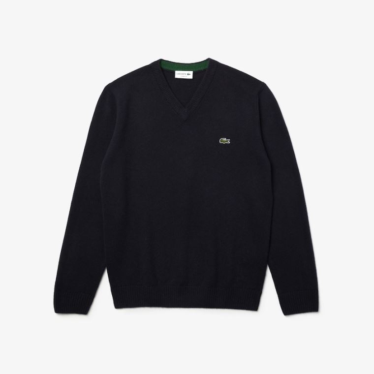 Lacoste V-neck Wool Pulóver Sötétkék Kék | qcFiY8wh