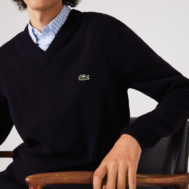 Lacoste V-neck Wool Pulóver Sötétkék Kék | qcFiY8wh