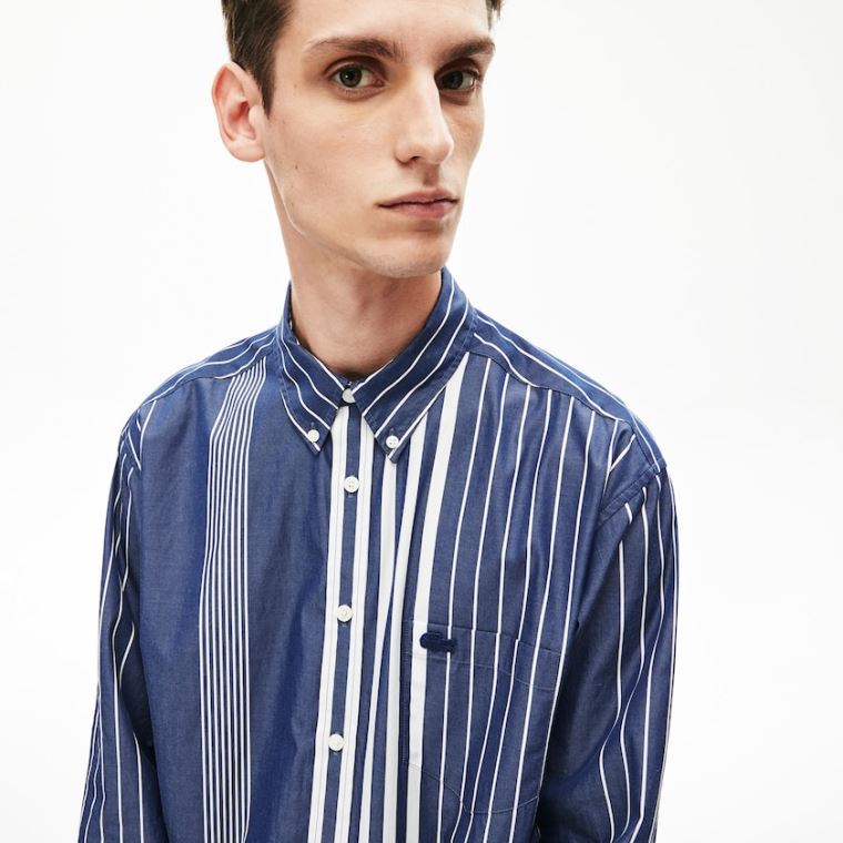 Lacoste Variegated-Stripe Relaxed Pamut Shirt Sötétkék Kék Fehér | s8s5jRuH