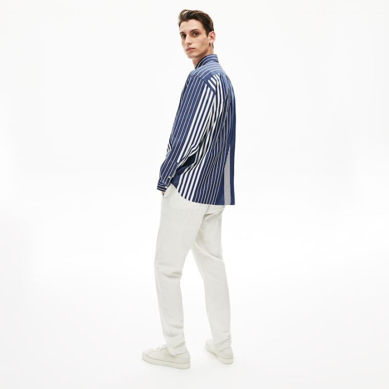 Lacoste Variegated-Stripe Relaxed Pamut Shirt Sötétkék Kék Fehér | s8s5jRuH