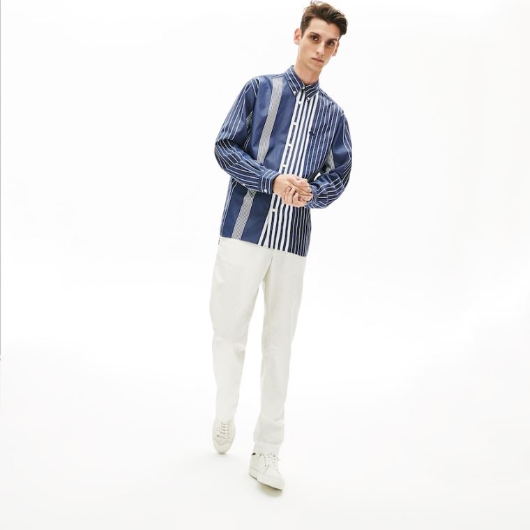 Lacoste Variegated-Stripe Relaxed Pamut Shirt Sötétkék Kék Fehér | s8s5jRuH