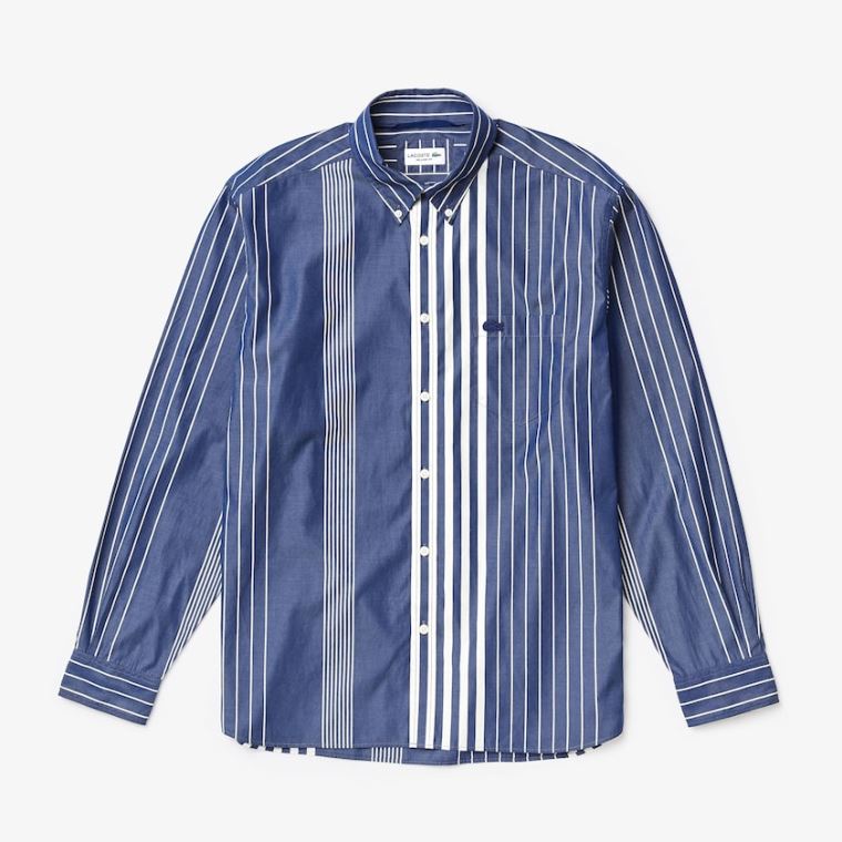 Lacoste Variegated-Stripe Relaxed Pamut Shirt Sötétkék Kék Fehér | s8s5jRuH