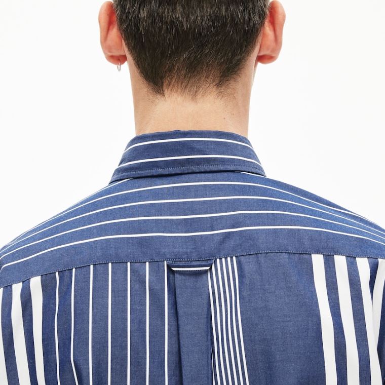 Lacoste Variegated-Stripe Relaxed Pamut Shirt Sötétkék Kék Fehér | s8s5jRuH