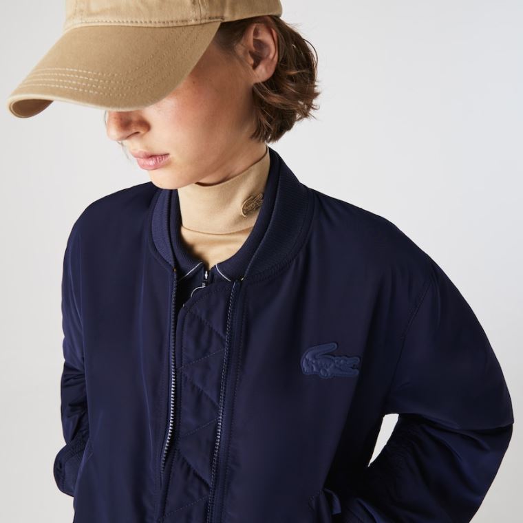 Lacoste Zippered Quilted Vizi-Resistant Bomber Jacket Sötétkék Kék Sárga | Mjo3Q9pT