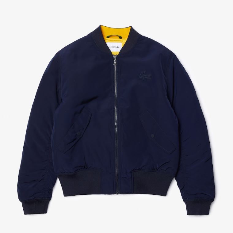 Lacoste Zippered Quilted Vizi-Resistant Bomber Jacket Sötétkék Kék Sárga | Mjo3Q9pT