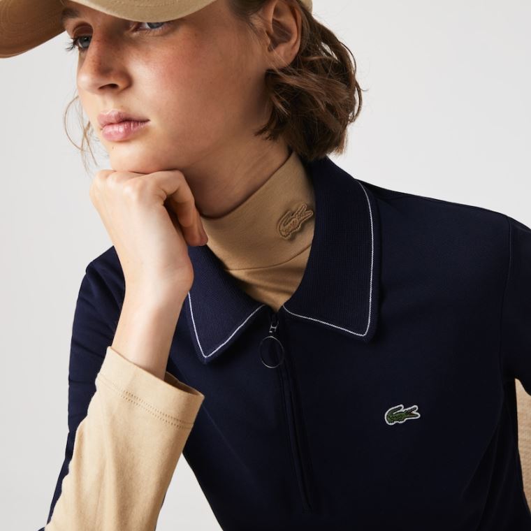 Lacoste Zippered Rövid Stretch Pamut Piqué Polo Ruha Sötétkék Kék Fehér | 3pG7cVtn