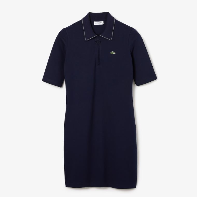 Lacoste Zippered Rövid Stretch Pamut Piqué Polo Ruha Sötétkék Kék Fehér | 3pG7cVtn