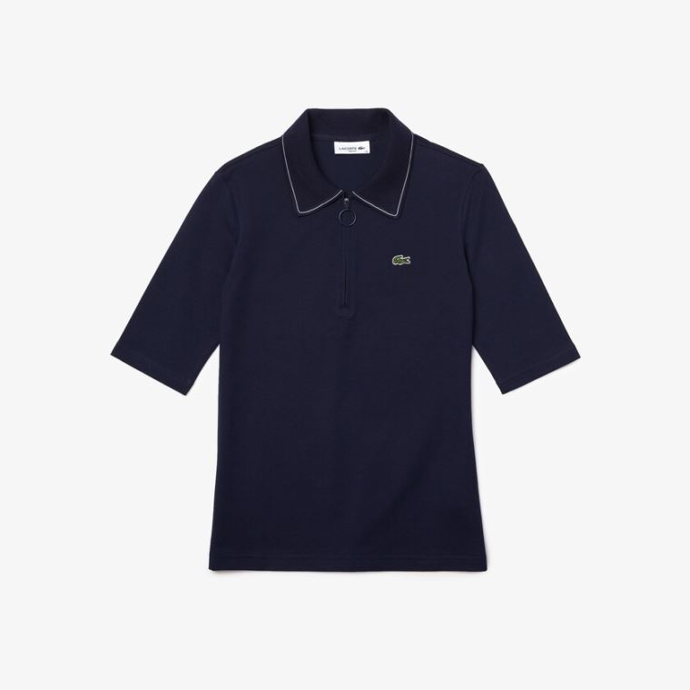 Lacoste Zippered Slim Fit Pamut Piqué Polo Shirt Sötétkék Kék Fehér | vQ2IdOSP